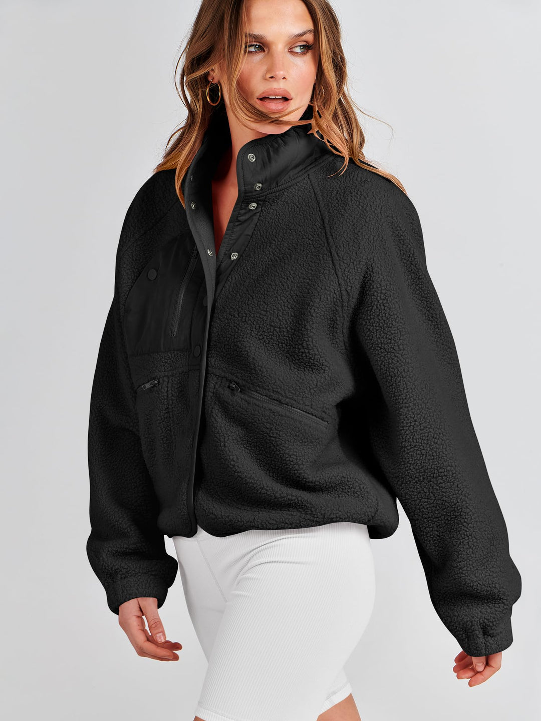 ANRABESS Womens Fuzzy Fleece Jacket Fall Casual Long Sleeve Cropped Sherpa Button Down Shacket Coats Outwear With Pockets