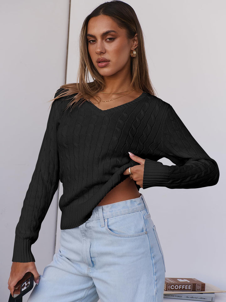 ANRABESS Womens Long Sleeve Cable Knit Sweater 2025 Fall Fashion V Neck Fitted Pullover Top Business Casual Work Fall Outfits