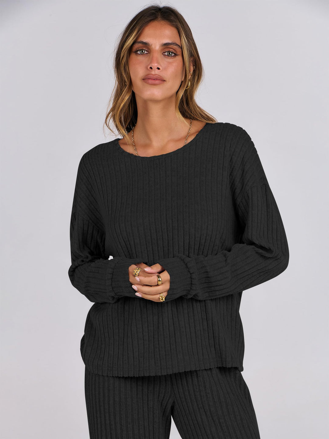 ANRABESS Women 2 Piece Lounge Pajamas Sets Casual Ribbed Knit Long Sleeve Top Pants Matching Set 2025 Fall Outfits Clothes