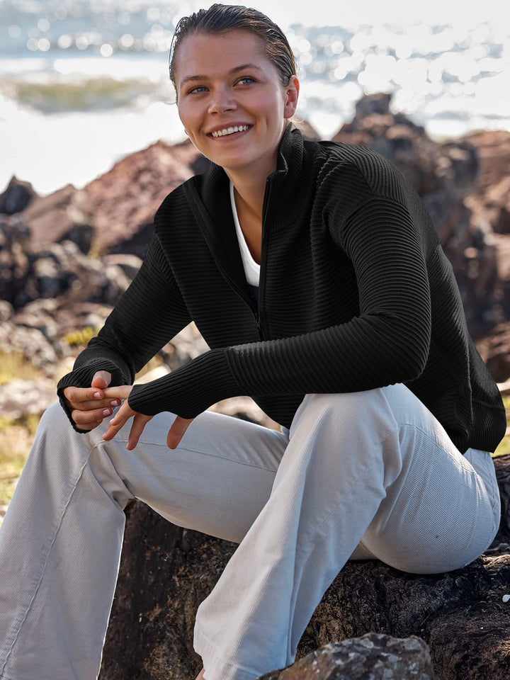 ANRABESS Womens Long Sleeve Quarter Zip Pullover Sweater Casual Loose V Neck Collared Ribbed Knit Jumper Tops Thumb Hole