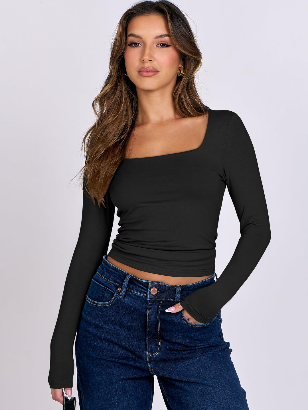 ANRABESS Women Long Sleeve Shirts Crop Tops Double Lined Square Neck Tight Fitted Going Out Basic Tee 2025 Y2K Fall Outifis