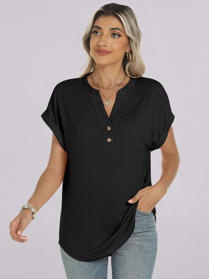 ANRABESS Womens Short Sleeve Henley Tops V Neck Dressy Casual Blouses Summer Trendy Tee Shirts 2025 Vacation Fashion Clothes