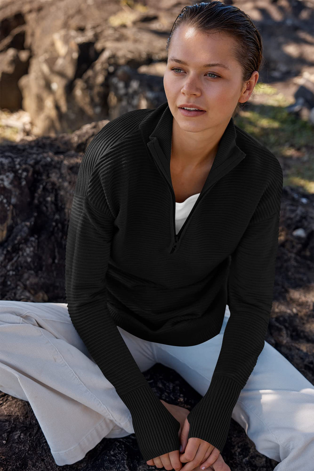 ANRABESS Womens Long Sleeve Quarter Zip Pullover Sweater Casual Loose V Neck Collared Ribbed Knit Jumper Tops Thumb Hole