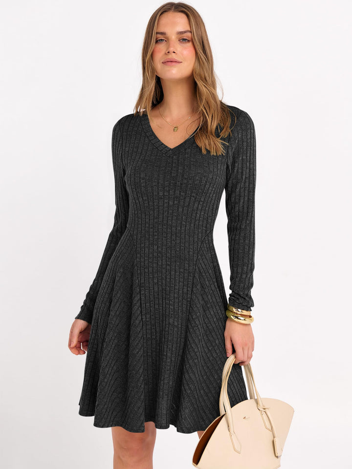 ANRABESS Women Long Sleeve Ribbed Knit Short Dresses 2025 Fall Winter V Neck Casual Swing A Line Sweater Dress