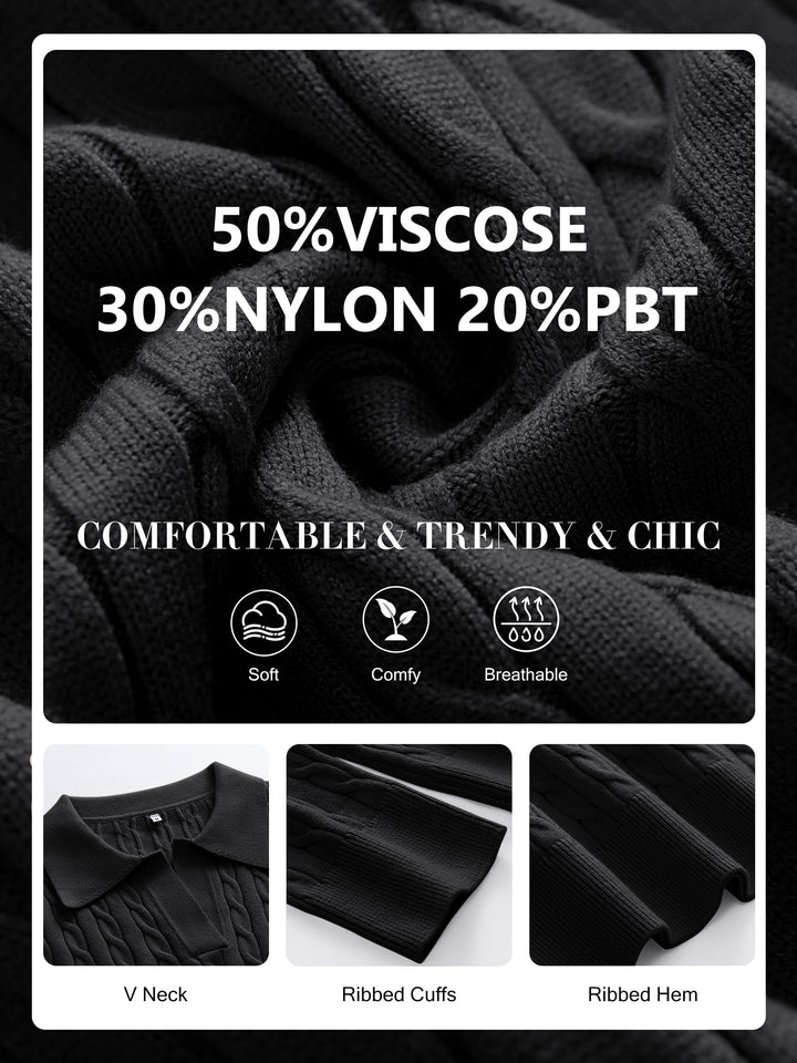 ANRABESS Womens Cable Knit Sweaters Long Sleeve V Neck Sweater Tops Casual Pullover Polo Shirts 2025 Fall Fashion Outfits