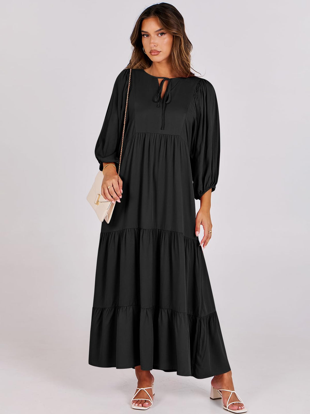 ANRABESS Womens Boho Maxi Dresses 2025 Summer V Neck Puff Sleeve Floral Flowy Swing Fall Casual Long Dress
