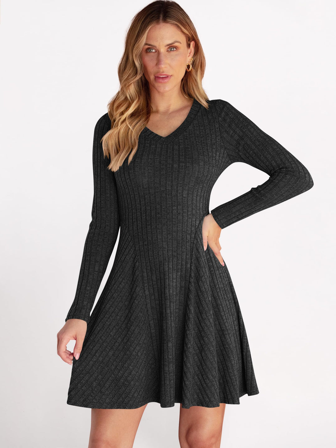 ANRABESS Women Long Sleeve Ribbed Knit Short Dresses 2025 Fall Winter V Neck Casual Swing A Line Sweater Dress