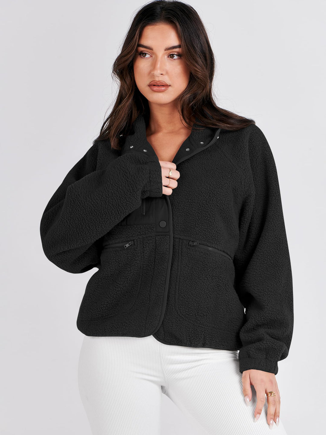 ANRABESS Womens Fuzzy Fleece Jacket Fall Casual Long Sleeve Cropped Sherpa Button Down Shacket Coats Outwear With Pockets