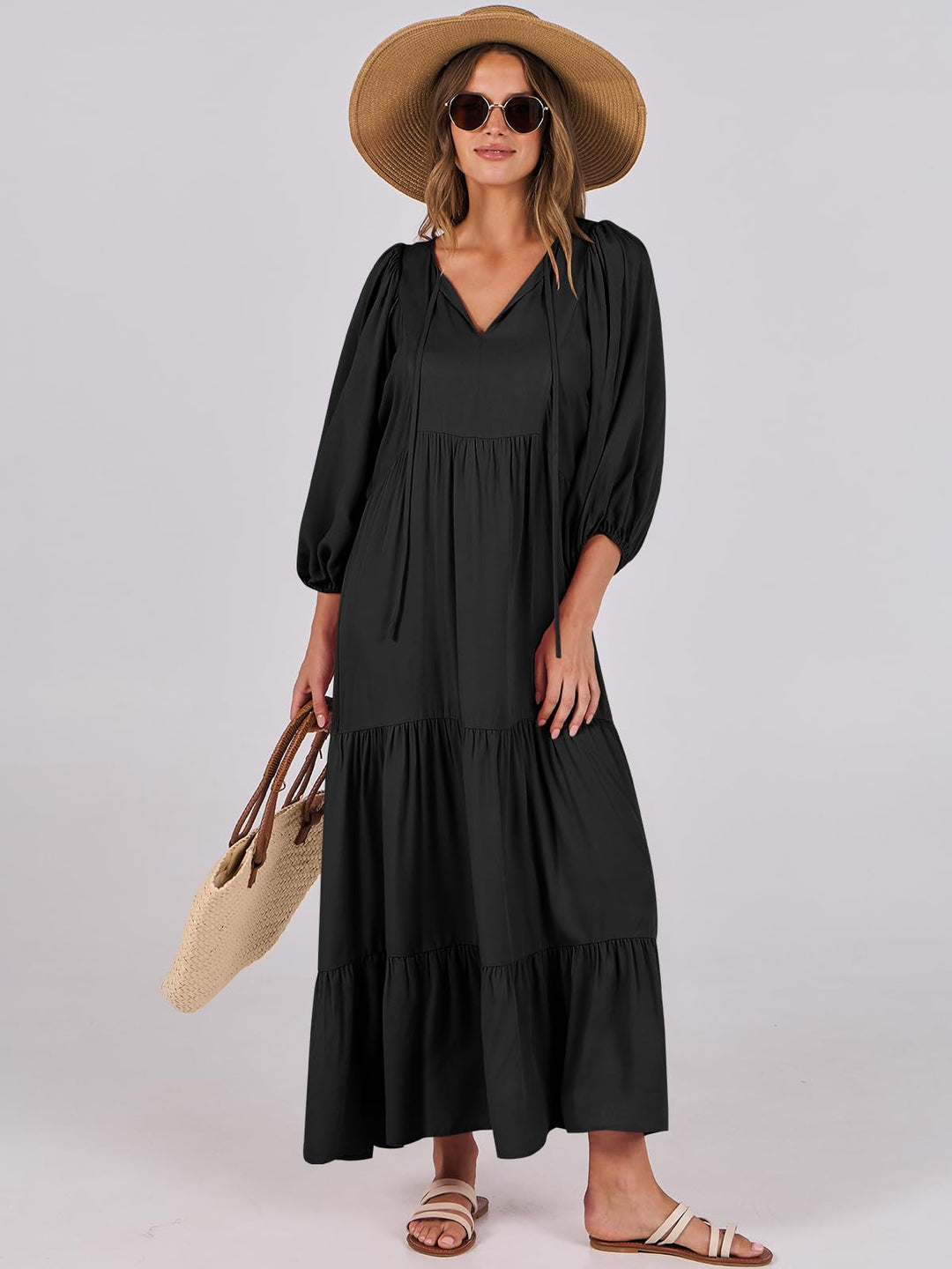 ANRABESS Womens Boho Maxi Dresses 2025 Summer V Neck Puff Sleeve Floral Flowy Swing Fall Casual Long Dress