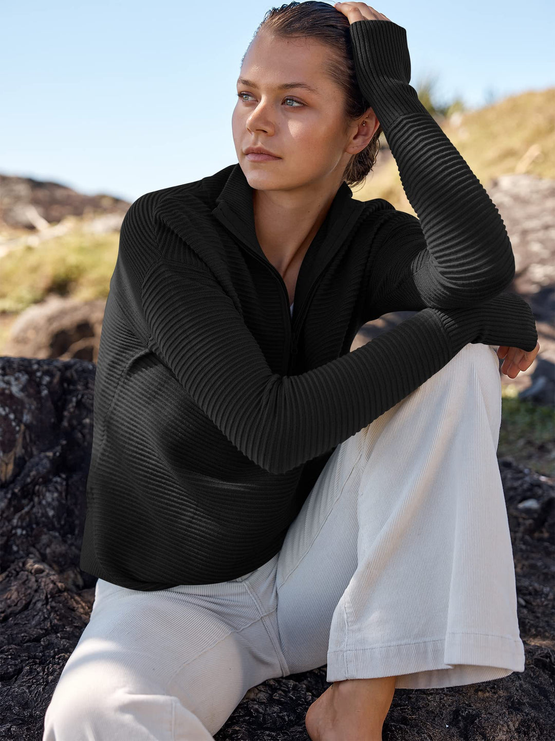 ANRABESS Womens Long Sleeve Quarter Zip Pullover Sweater Casual Loose V Neck Collared Ribbed Knit Jumper Tops Thumb Hole