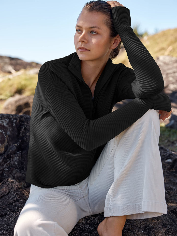 ANRABESS Womens Long Sleeve Quarter Zip Pullover Sweater Casual Loose V Neck Collared Ribbed Knit Jumper Tops Thumb Hole