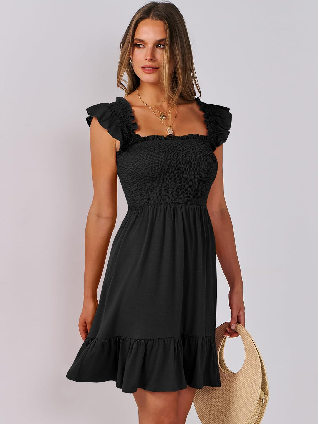 ANRABESS Women's Summer Casual Sleeveless Square Neck Dress 2025 Smocked Ruffle Backless Boho Beach Cute Teen Short Sundress