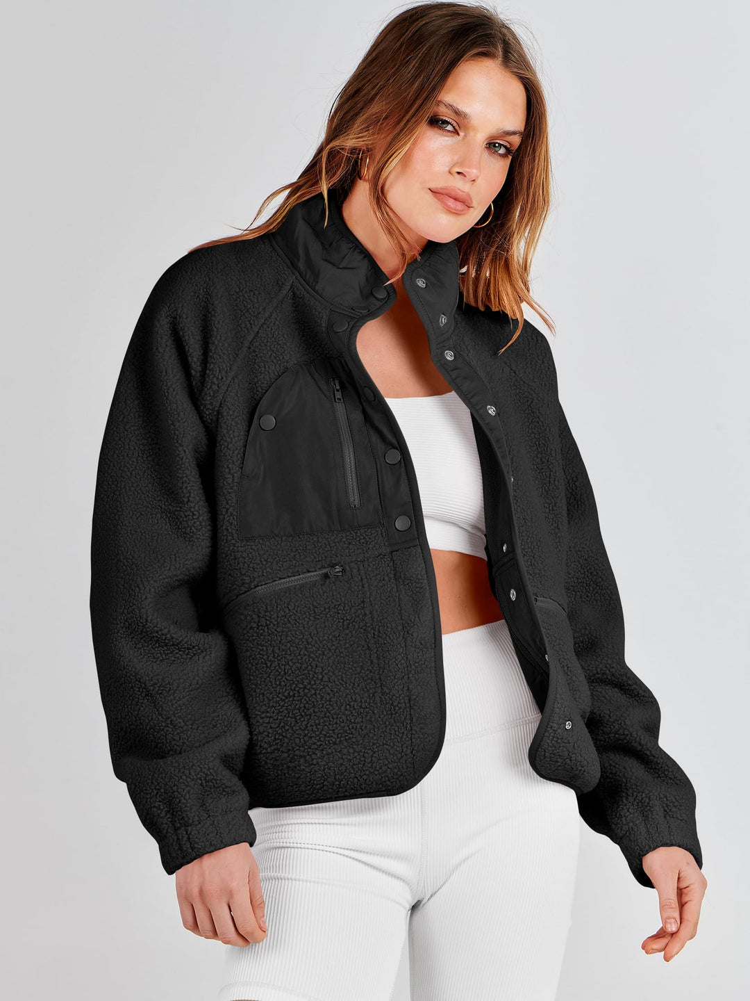 ANRABESS Womens Fuzzy Fleece Jacket Fall Casual Long Sleeve Cropped Sherpa Button Down Shacket Coats Outwear With Pockets