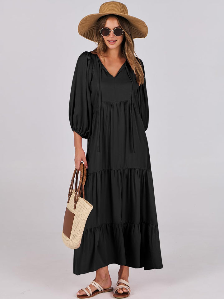ANRABESS Womens Boho Maxi Dresses 2025 Summer V Neck Puff Sleeve Floral Flowy Swing Fall Casual Long Dress