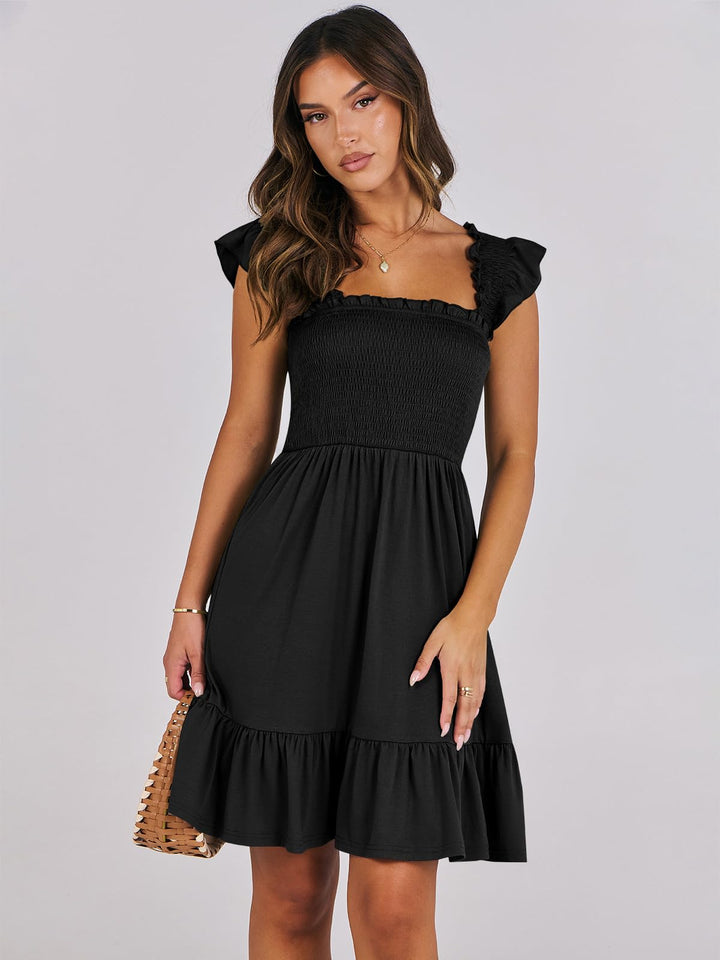 ANRABESS Women's Summer Casual Sleeveless Square Neck Dress 2025 Smocked Ruffle Backless Boho Beach Cute Teen Short Sundress