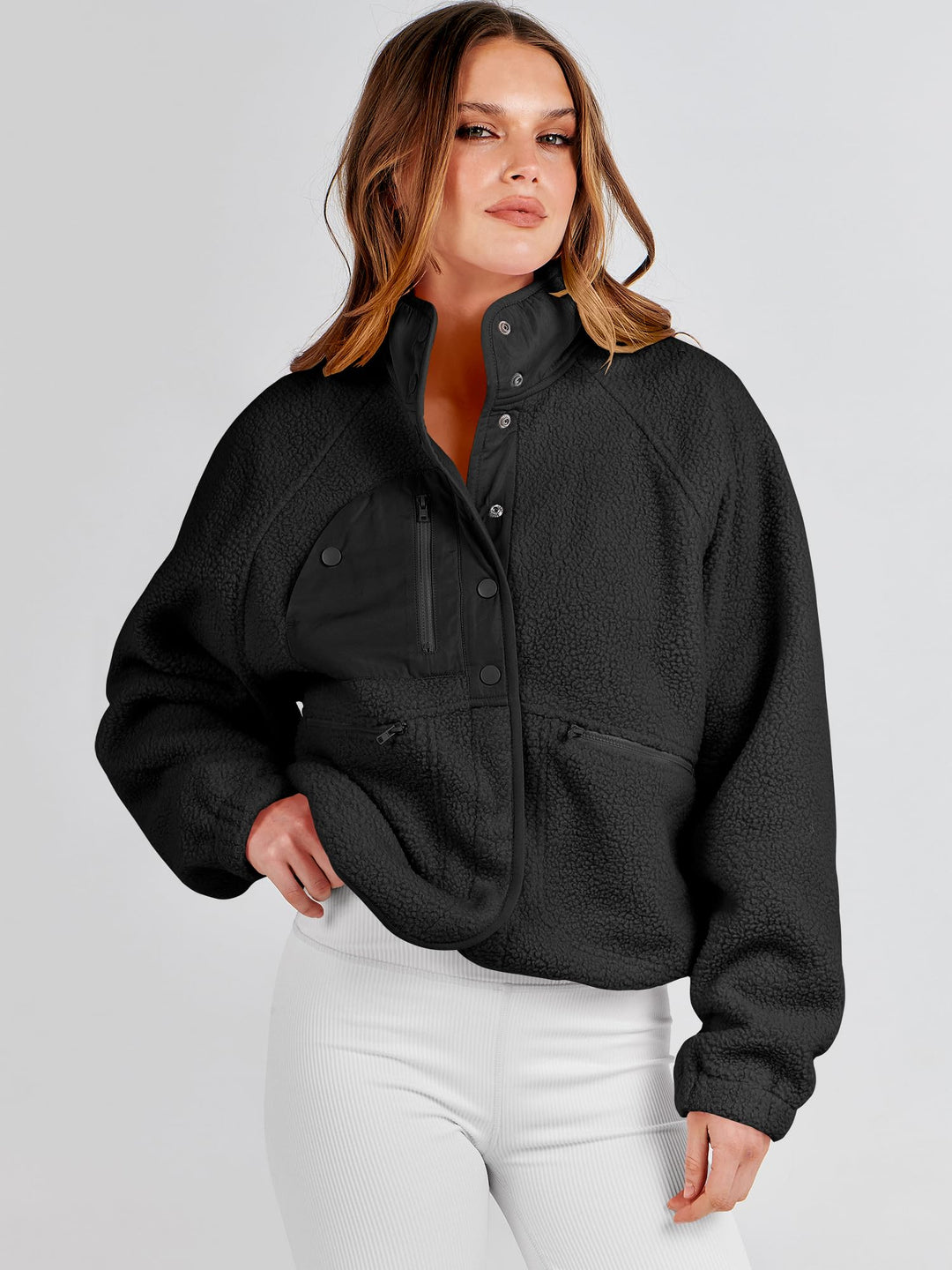 ANRABESS Womens Fuzzy Fleece Jacket Fall Casual Long Sleeve Cropped Sherpa Button Down Shacket Coats Outwear With Pockets