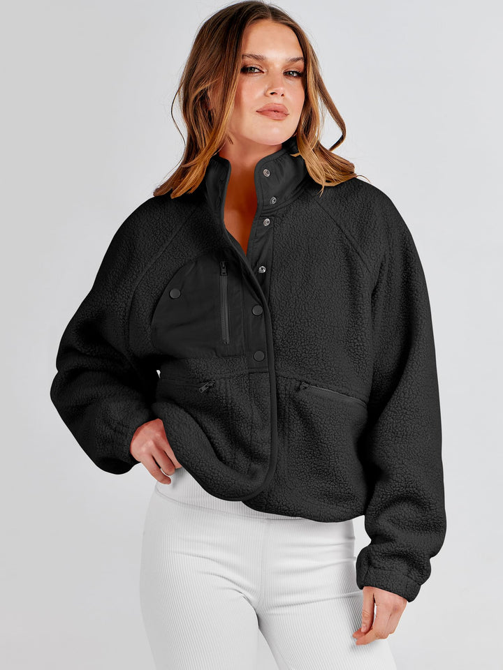 ANRABESS Womens Fuzzy Fleece Jacket Fall Casual Long Sleeve Cropped Sherpa Button Down Shacket Coats Outwear With Pockets