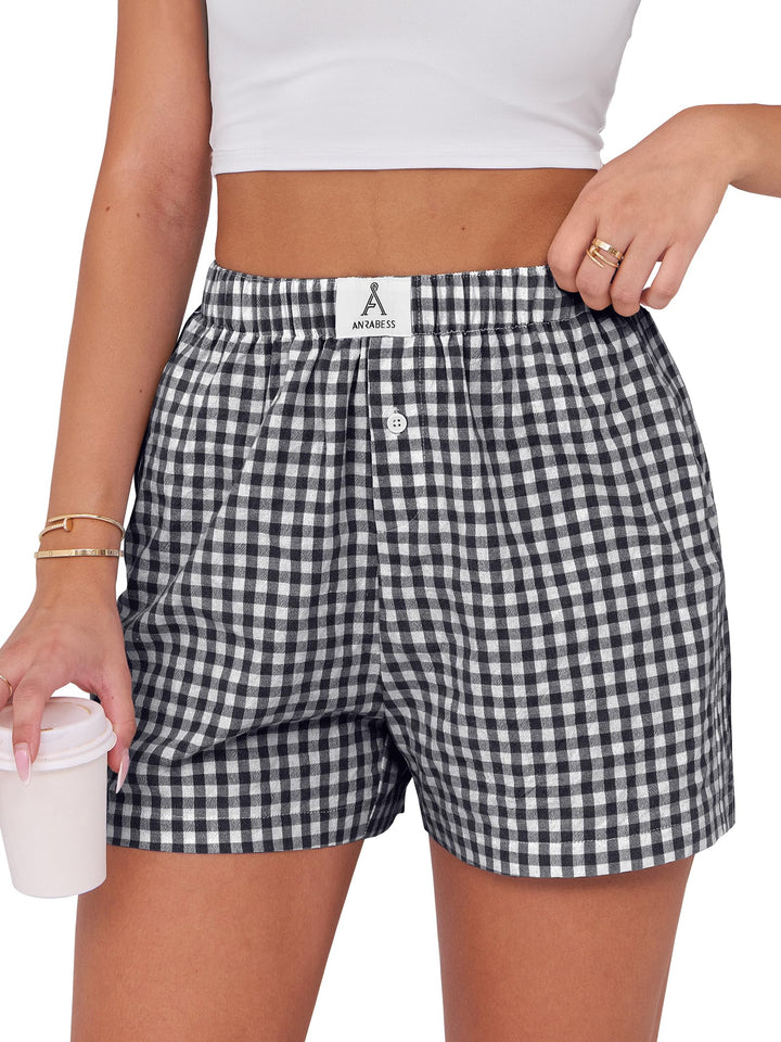 ANRABESS Boxer Shorts for Women Gingham Pajama 2025 Summer Casual Lounge Sleep Plaid Shorts Y2K Beach Bottoms