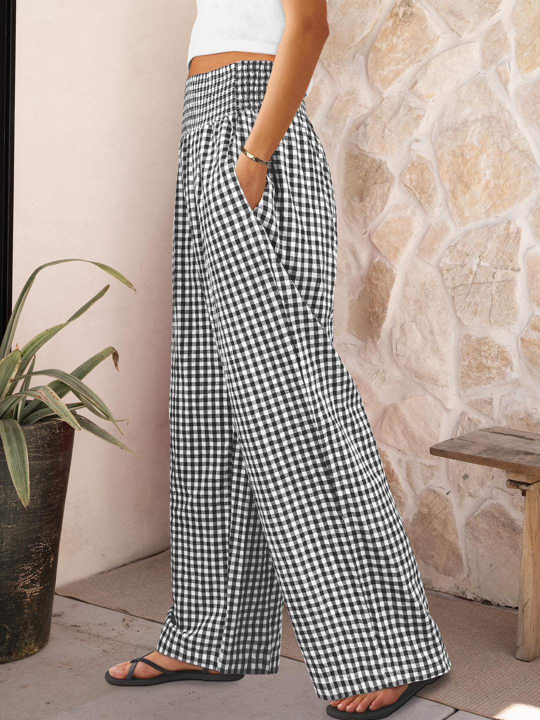 ANRABESS Womens Striped Gingham Palazzo Pants Wide Leg High Waisted Lounge Pajama Pants Cute Casual Trousers with Pockets