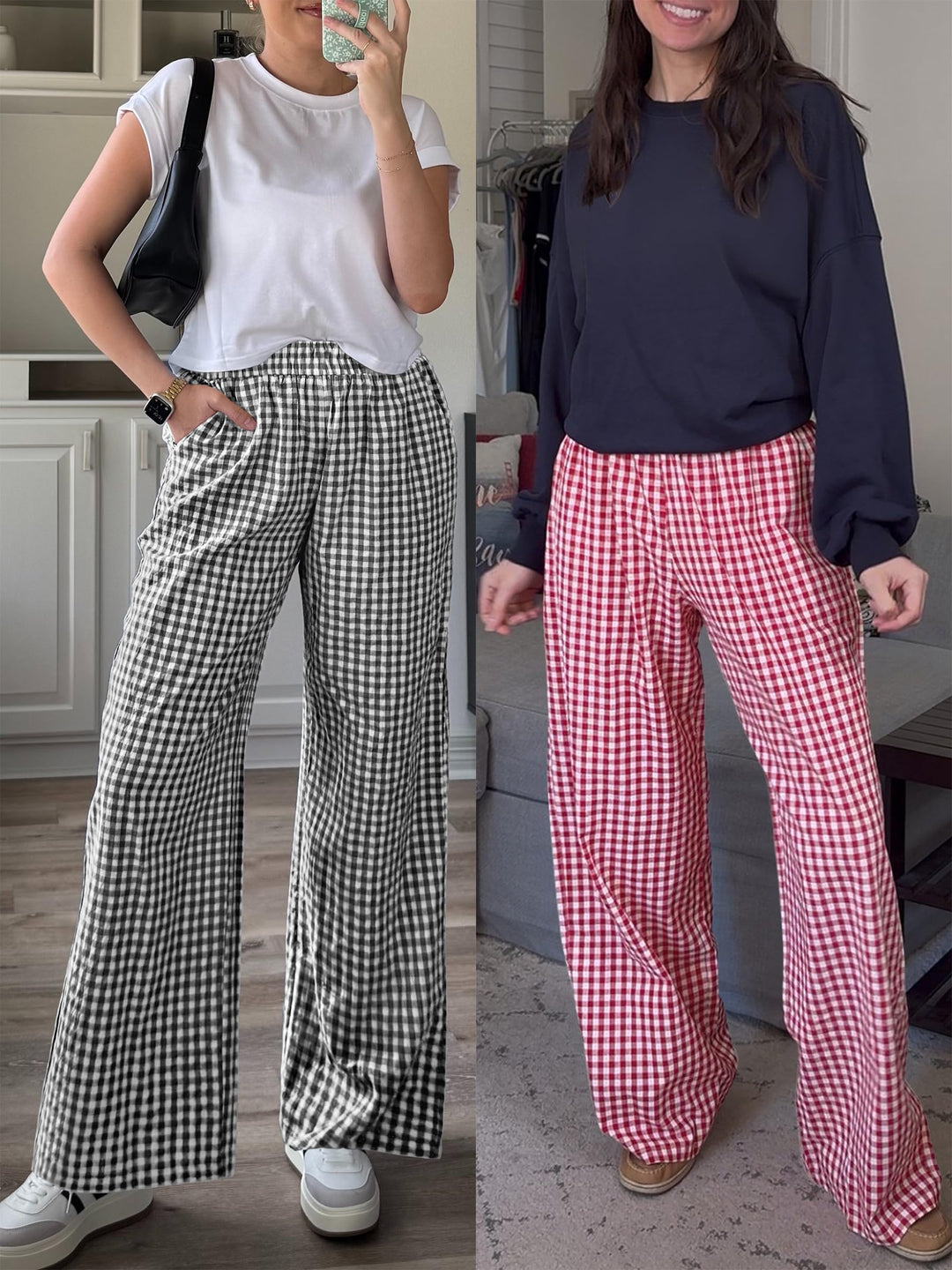 ANRABESS Womens Striped Gingham Palazzo Pants Wide Leg High Waisted Lounge Pajama Pants Cute Casual Trousers with Pockets