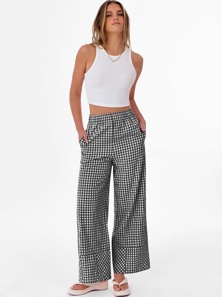 ANRABESS Womens Gingham Striped Boxer Pants Pajama Lounge PJ Bottoms Plaid Wide Leg Casual Cute Fall Trousers with Pockets