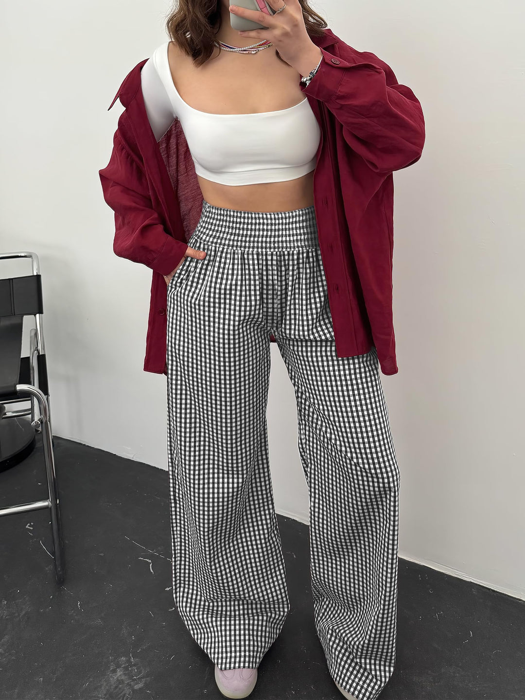 ANRABESS Womens Striped Gingham Palazzo Pants Wide Leg High Waisted Lounge Pajama Pants Cute Casual Trousers with Pockets