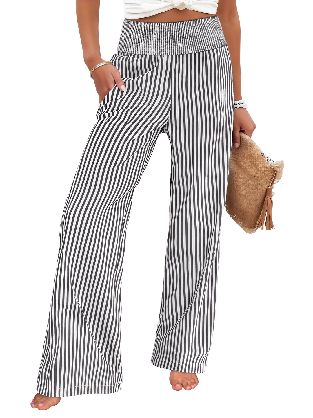 ANRABESS Womens Striped Gingham Palazzo Pants Wide Leg High Waisted Lounge Pajama Pants Cute Casual Trousers with Pockets