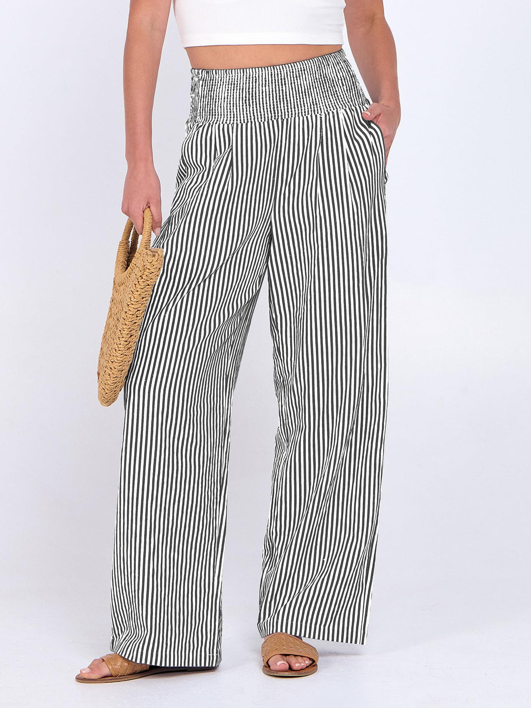 ANRABESS Womens Striped Gingham Palazzo Pants Wide Leg High Waisted Lounge Pajama Pants Cute Casual Trousers with Pockets