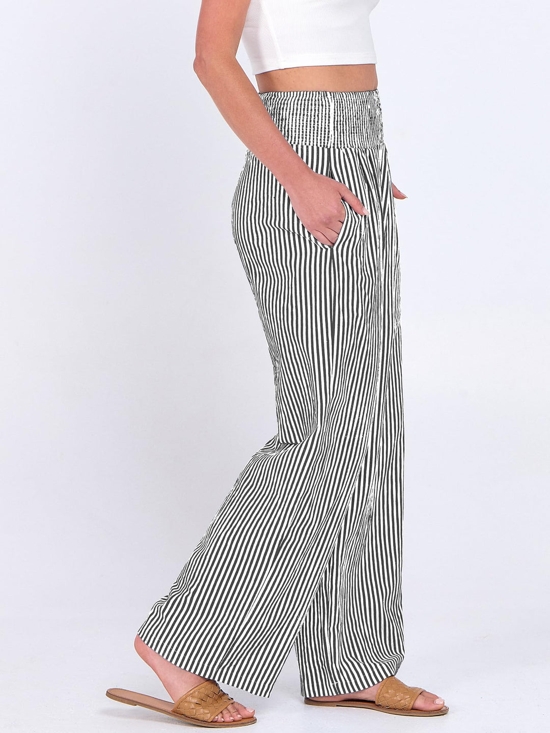 ANRABESS Womens Striped Gingham Palazzo Pants Wide Leg High Waisted Lounge Pajama Pants Cute Casual Trousers with Pockets