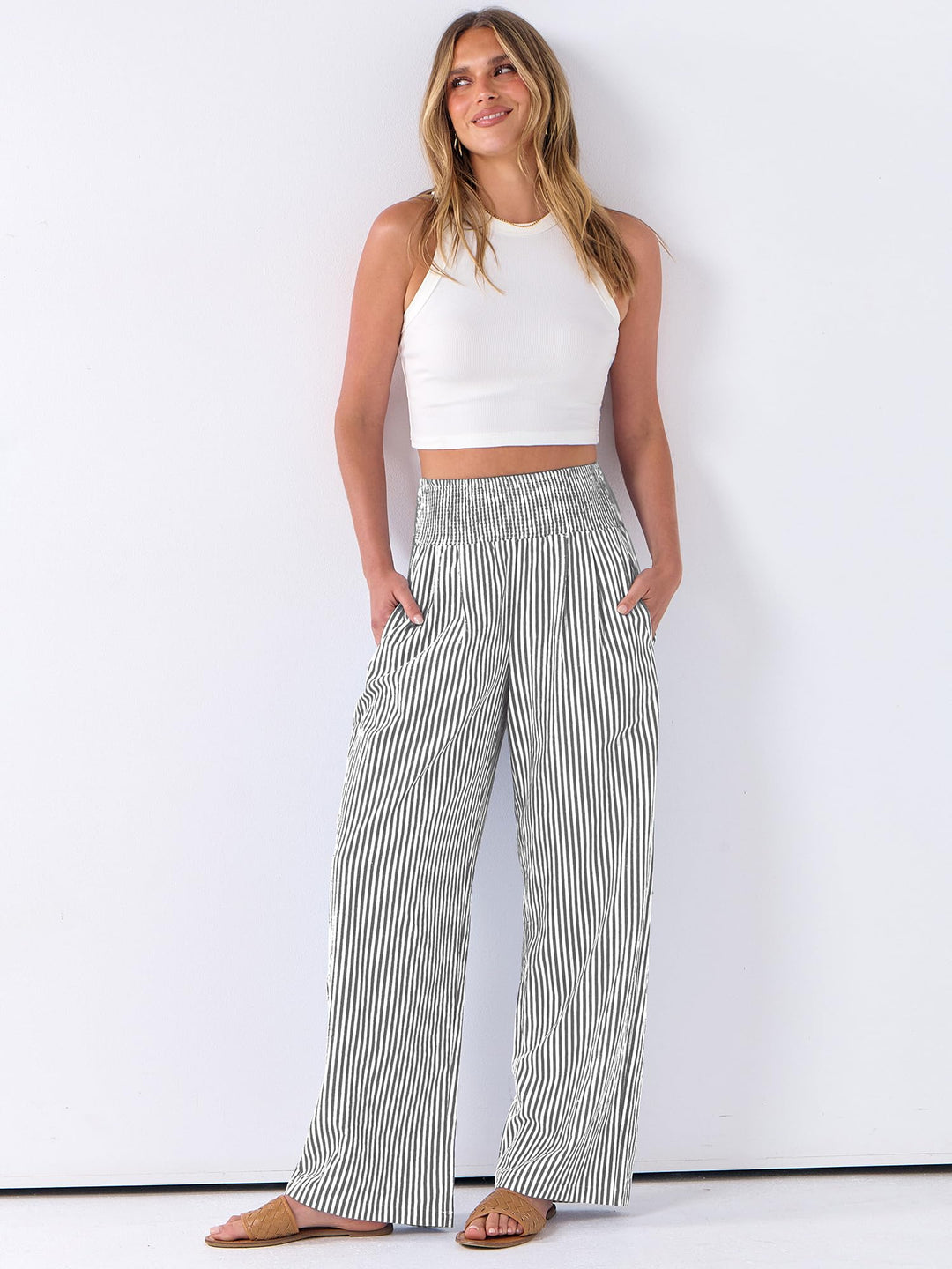 ANRABESS Womens Striped Gingham Palazzo Pants Wide Leg High Waisted Lounge Pajama Pants Cute Casual Trousers with Pockets