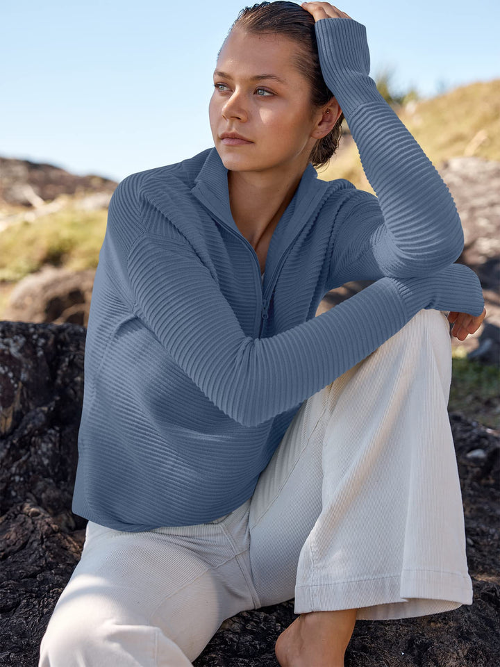 ANRABESS Womens Long Sleeve Quarter Zip Pullover Sweater Casual Loose V Neck Collared Ribbed Knit Jumper Tops Thumb Hole