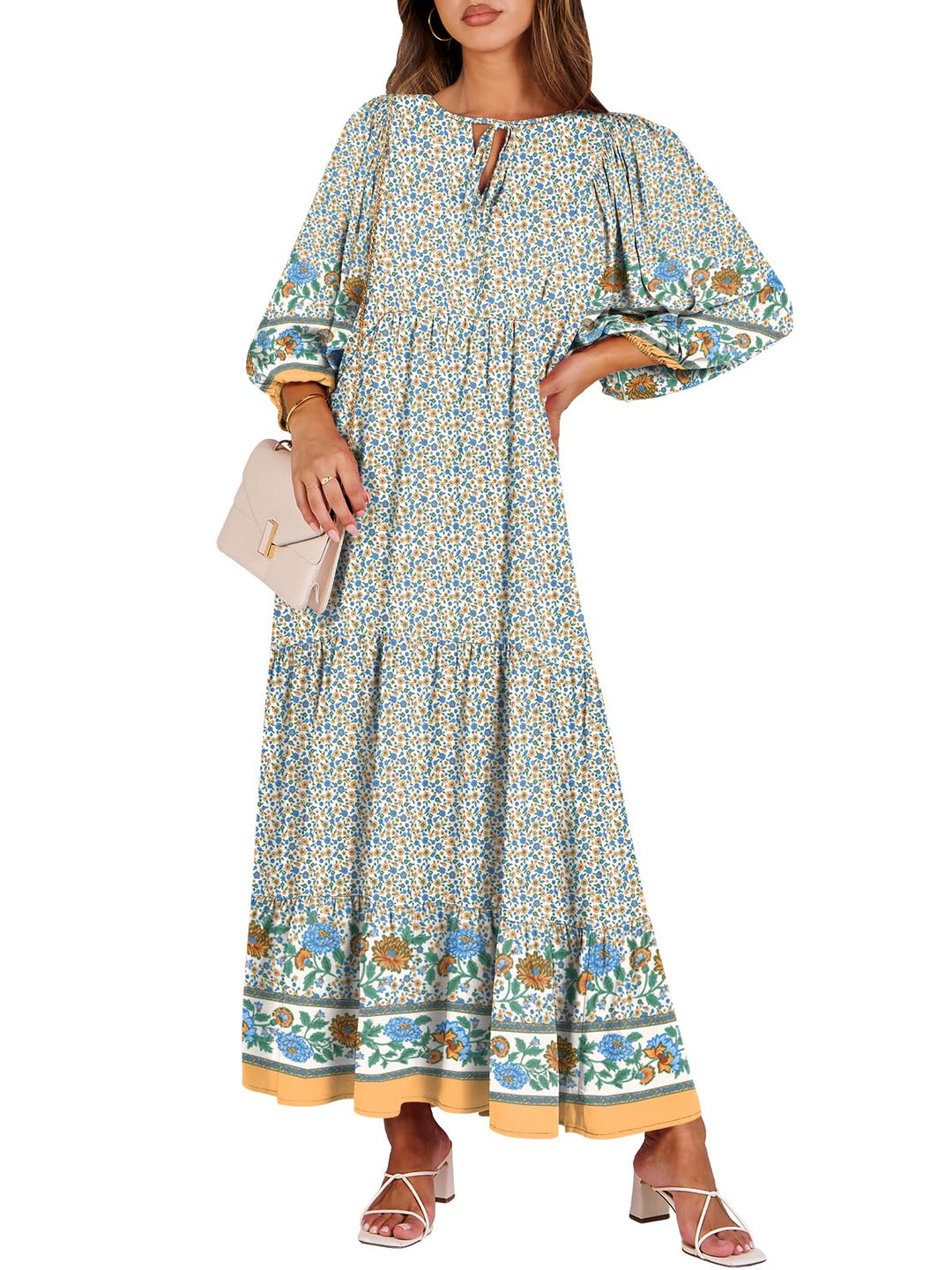 ANRABESS Womens Boho Maxi Dresses 2025 Summer V Neck Puff Sleeve Floral Flowy Swing Fall Casual Long Dress