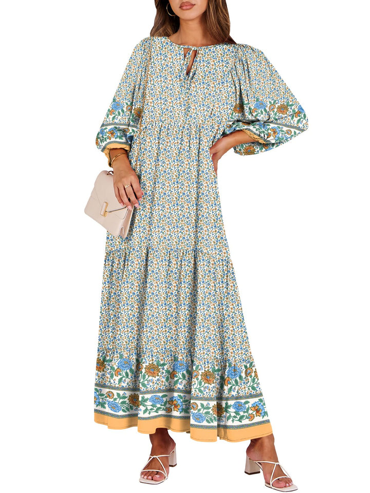 ANRABESS Womens Boho Maxi Dresses 2025 Summer V Neck Puff Sleeve Floral Flowy Swing Fall Casual Long Dress