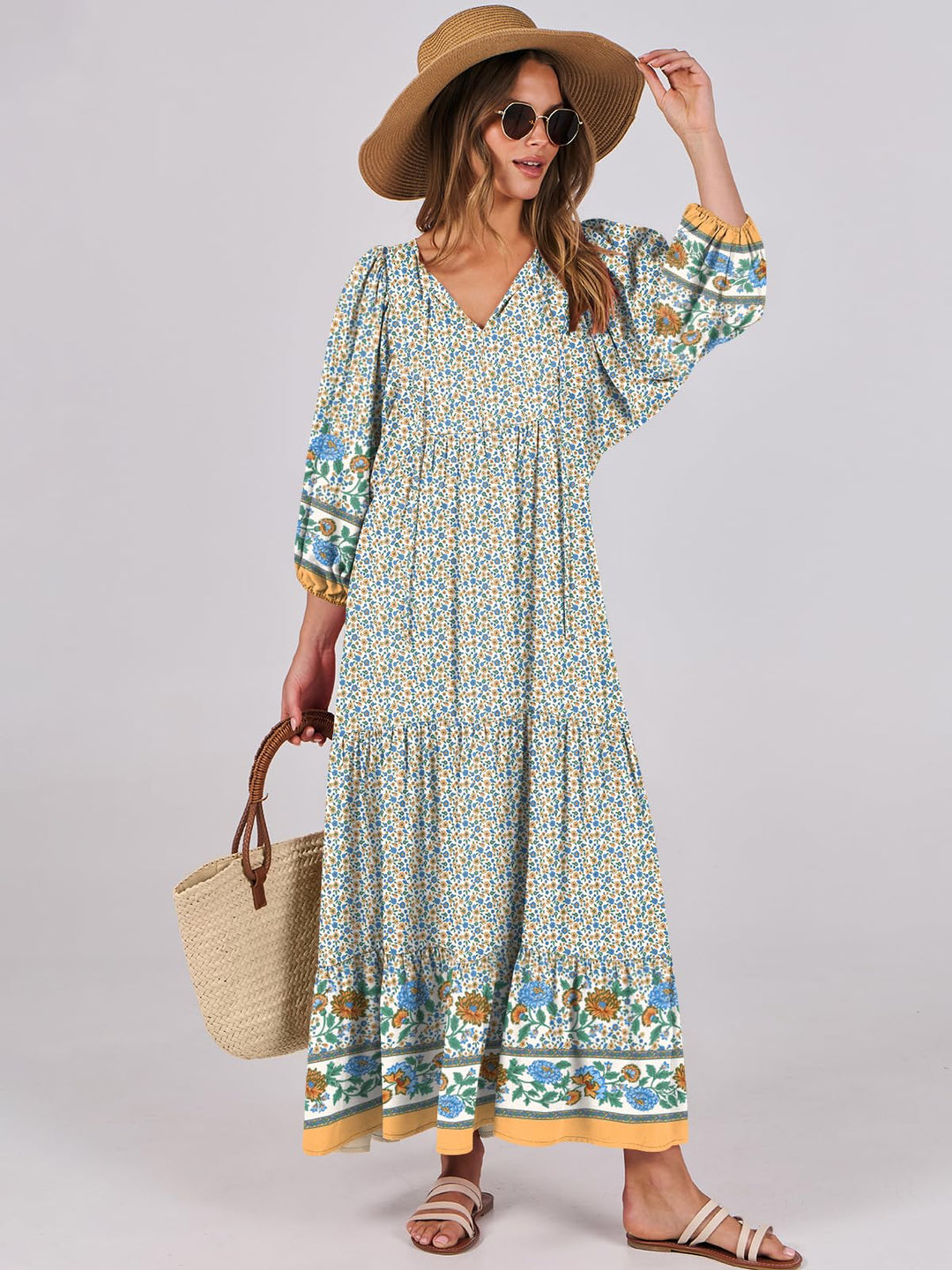 ANRABESS Womens Boho Maxi Dresses 2025 Summer V Neck Puff Sleeve Floral Flowy Swing Fall Casual Long Dress