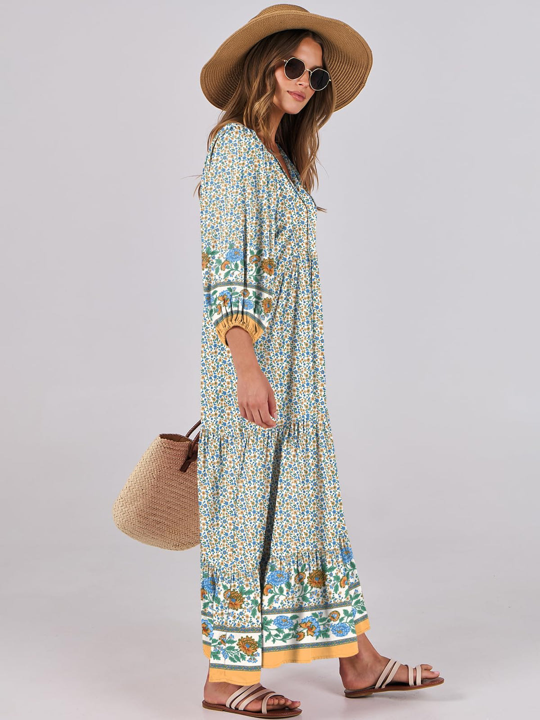 ANRABESS Womens Boho Maxi Dresses 2025 Summer V Neck Puff Sleeve Floral Flowy Swing Fall Casual Long Dress