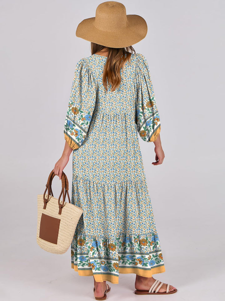 ANRABESS Womens Boho Maxi Dresses 2025 Summer V Neck Puff Sleeve Floral Flowy Swing Fall Casual Long Dress