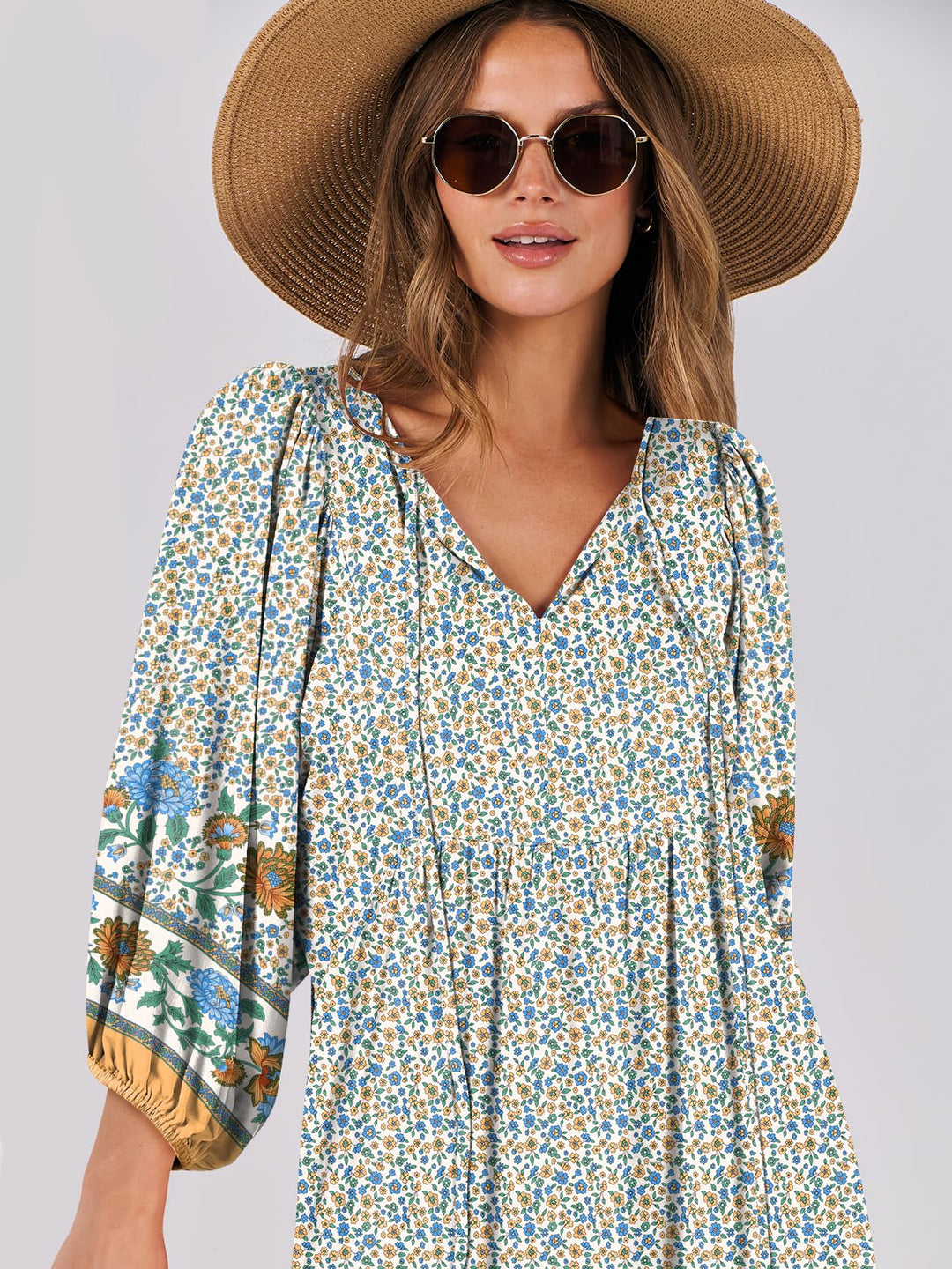 ANRABESS Womens Boho Maxi Dresses 2025 Summer V Neck Puff Sleeve Floral Flowy Swing Fall Casual Long Dress