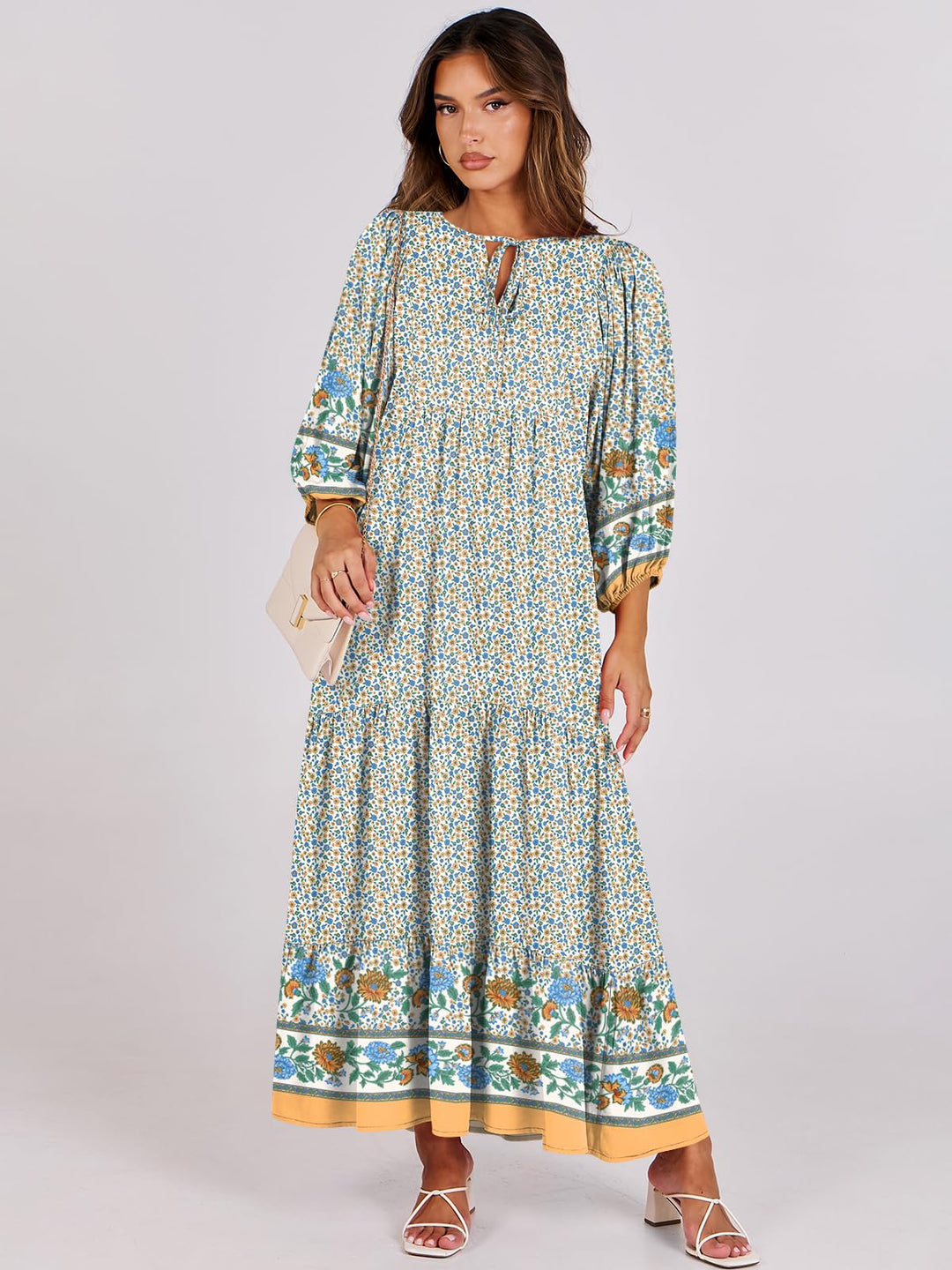 ANRABESS Womens Boho Maxi Dresses 2025 Summer V Neck Puff Sleeve Floral Flowy Swing Fall Casual Long Dress