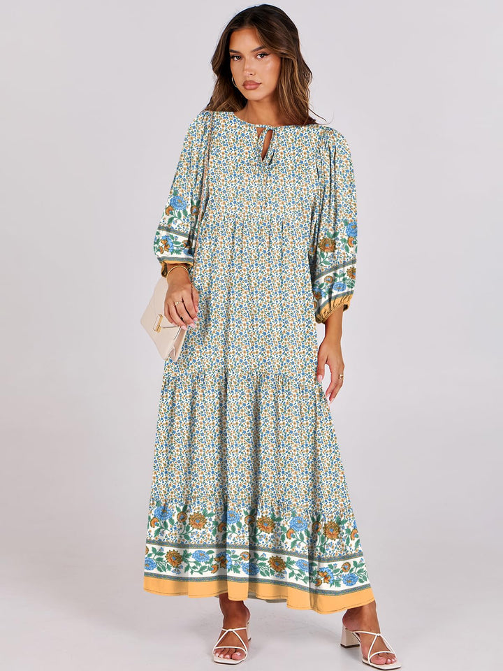 ANRABESS Womens Boho Maxi Dresses 2025 Summer V Neck Puff Sleeve Floral Flowy Swing Fall Casual Long Dress
