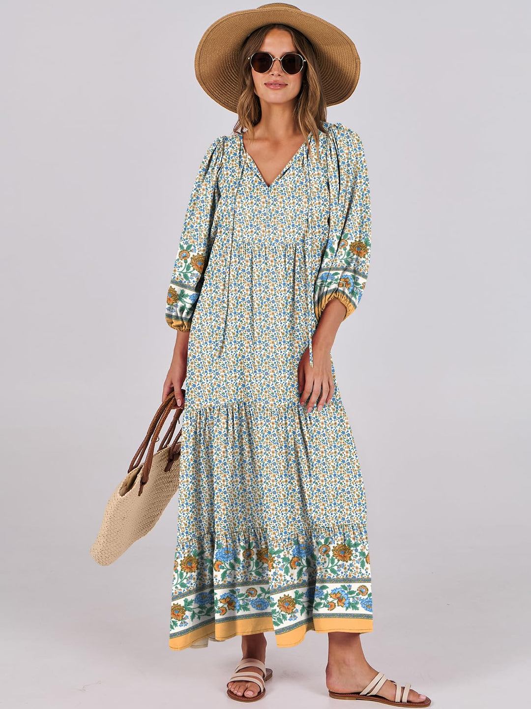 ANRABESS Womens Boho Maxi Dresses 2025 Summer V Neck Puff Sleeve Floral Flowy Swing Fall Casual Long Dress