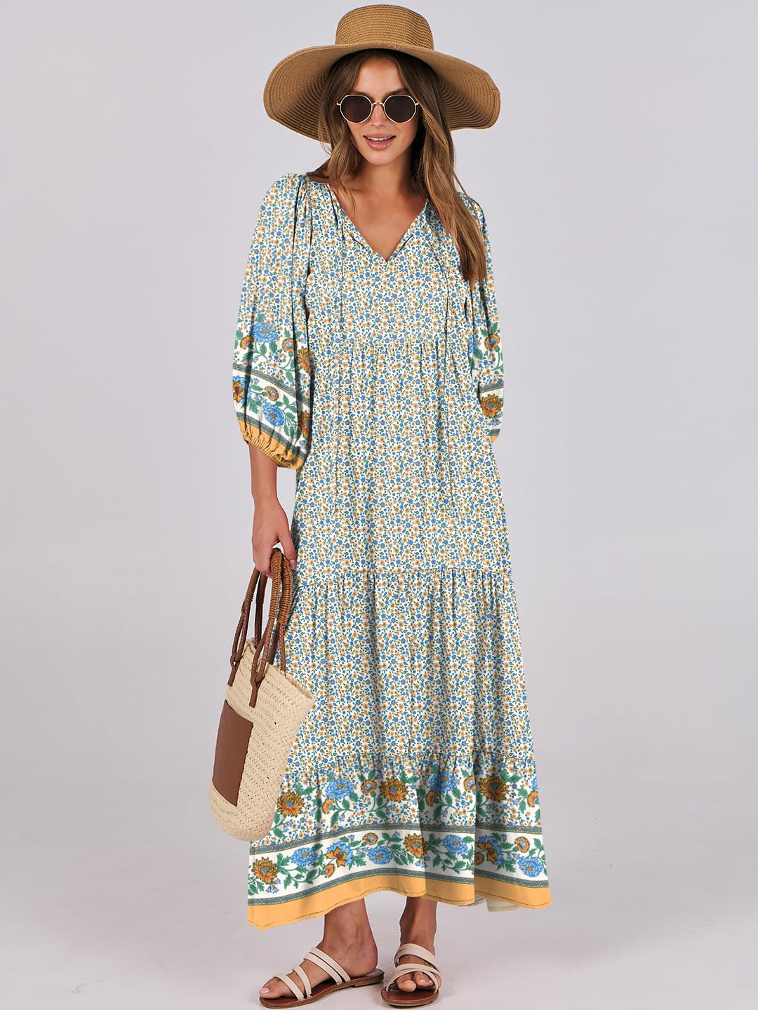 ANRABESS Womens Boho Maxi Dresses 2025 Summer V Neck Puff Sleeve Floral Flowy Swing Fall Casual Long Dress
