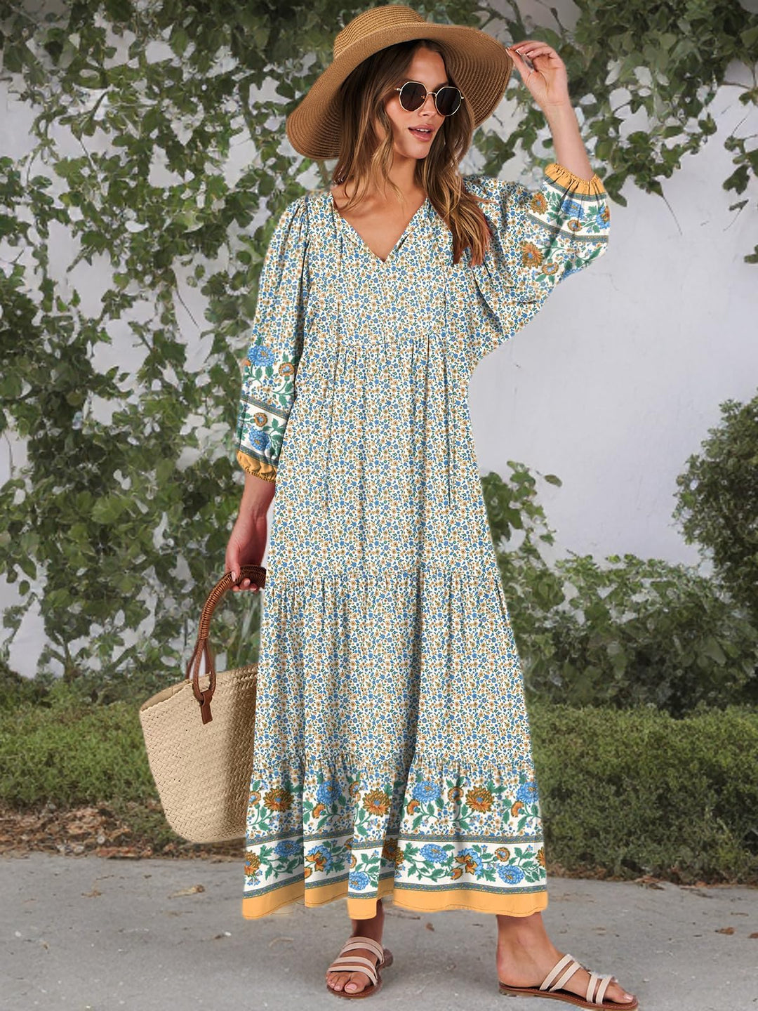 ANRABESS Womens Boho Maxi Dresses 2025 Summer V Neck Puff Sleeve Floral Flowy Swing Fall Casual Long Dress