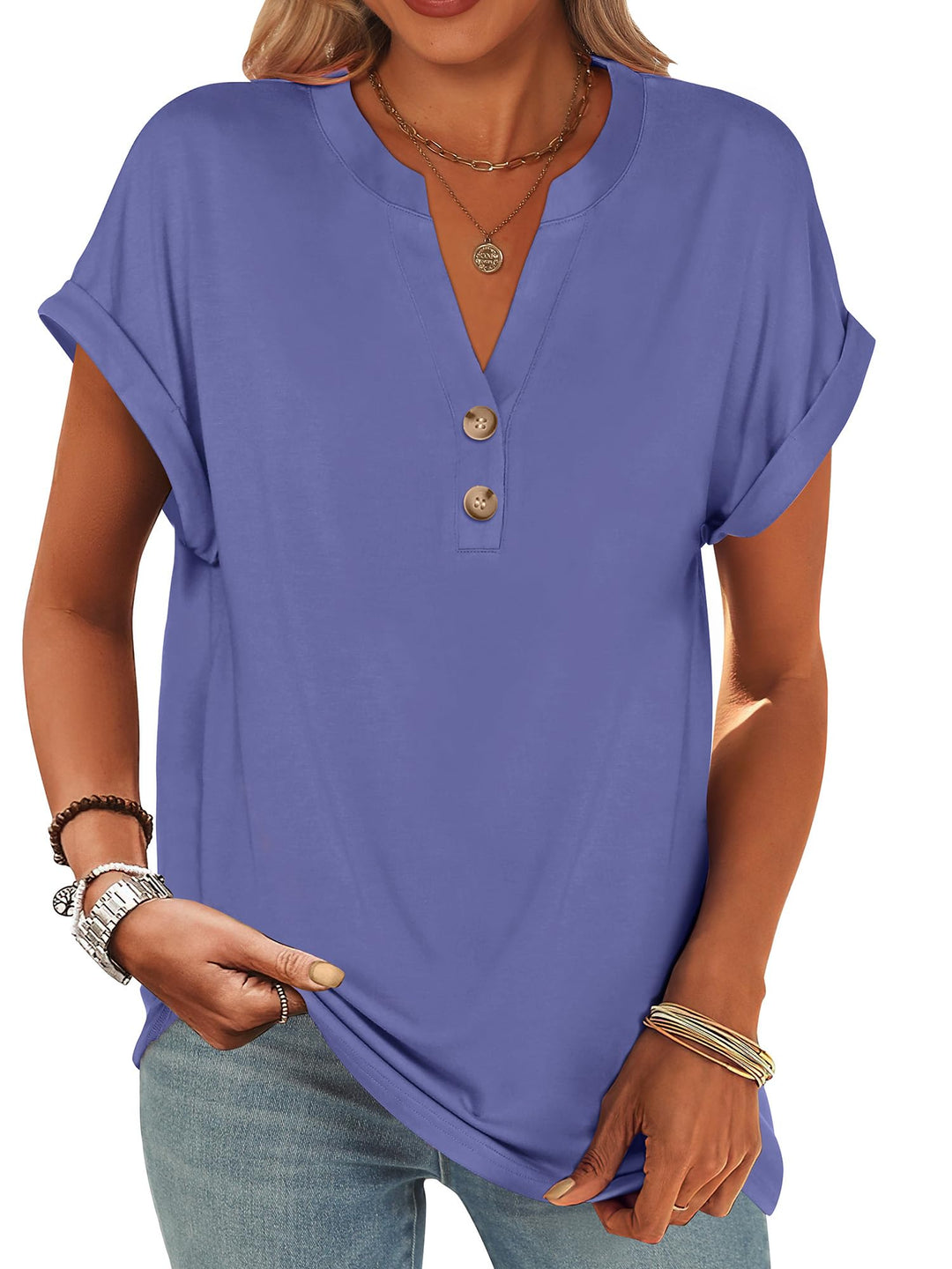 ANRABESS Womens Short Sleeve Henley Tops V Neck Dressy Casual Blouses Summer Trendy Tee Shirts 2025 Vacation Fashion Clothes