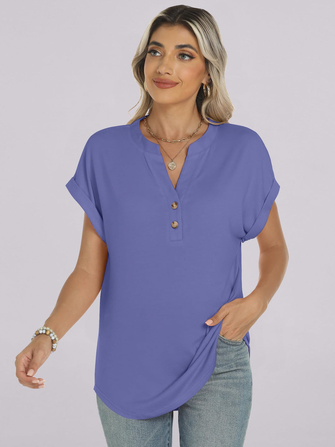 ANRABESS Womens Short Sleeve Henley Tops V Neck Dressy Casual Blouses Summer Trendy Tee Shirts 2025 Vacation Fashion Clothes