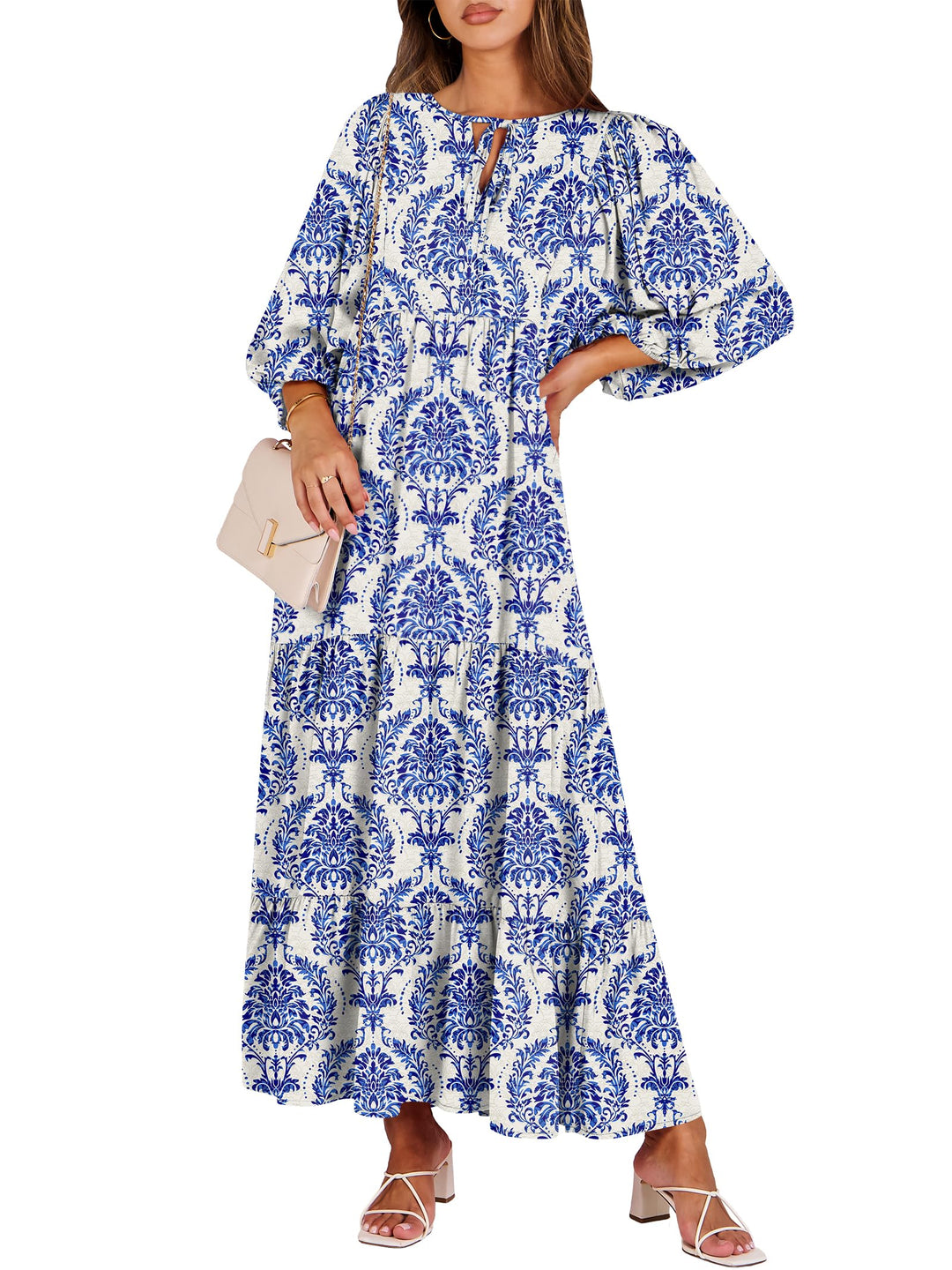 ANRABESS Womens Boho Maxi Dresses 2025 Summer V Neck Puff Sleeve Floral Flowy Swing Fall Casual Long Dress