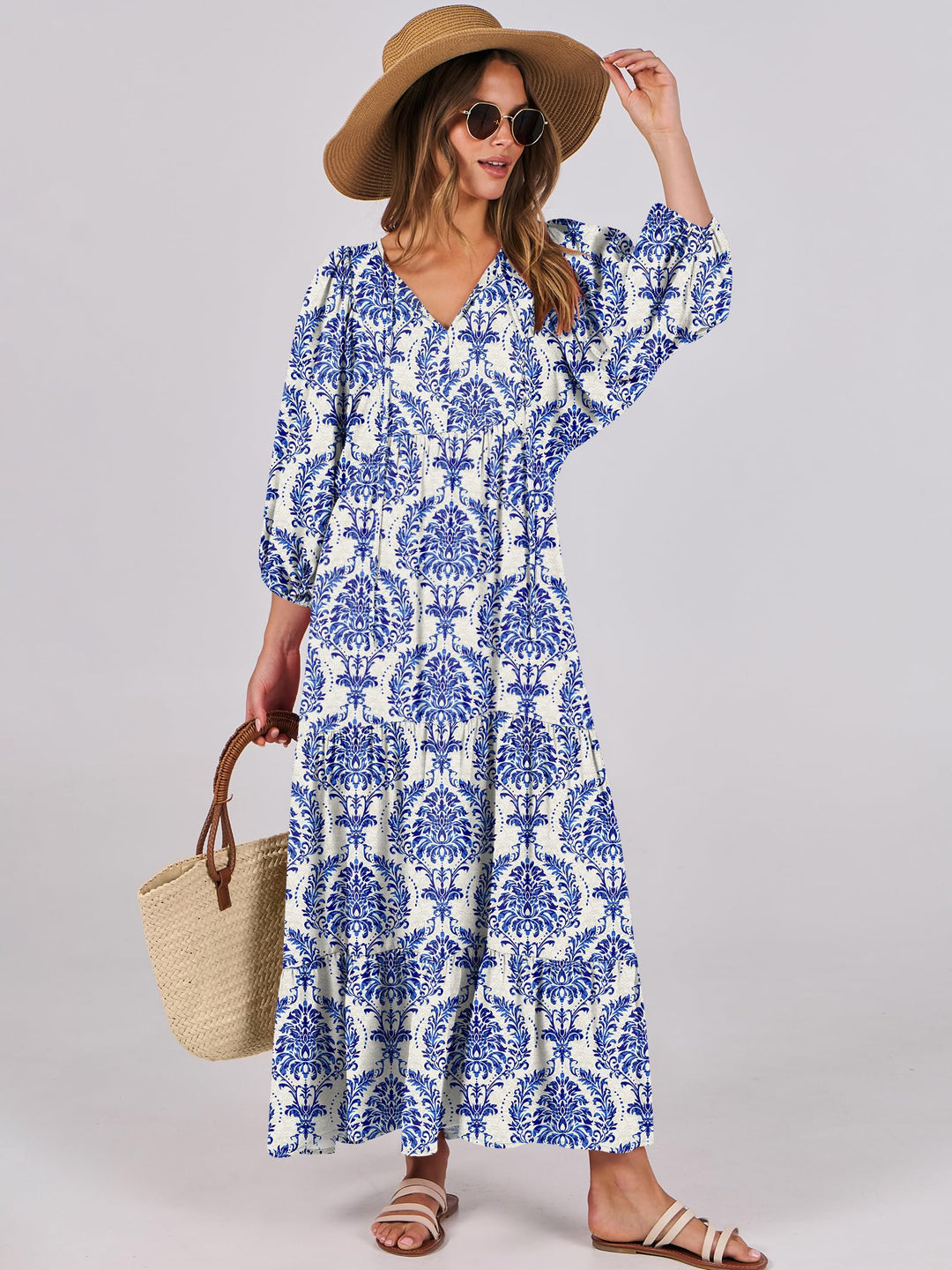 ANRABESS Womens Boho Maxi Dresses 2025 Summer V Neck Puff Sleeve Floral Flowy Swing Fall Casual Long Dress