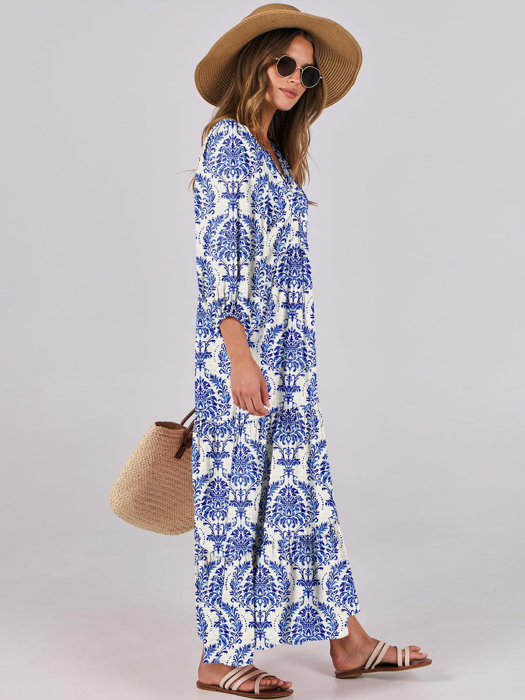ANRABESS Womens Boho Maxi Dresses 2025 Summer V Neck Puff Sleeve Floral Flowy Swing Fall Casual Long Dress