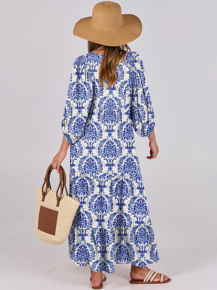 ANRABESS Womens Boho Maxi Dresses 2025 Summer V Neck Puff Sleeve Floral Flowy Swing Fall Casual Long Dress