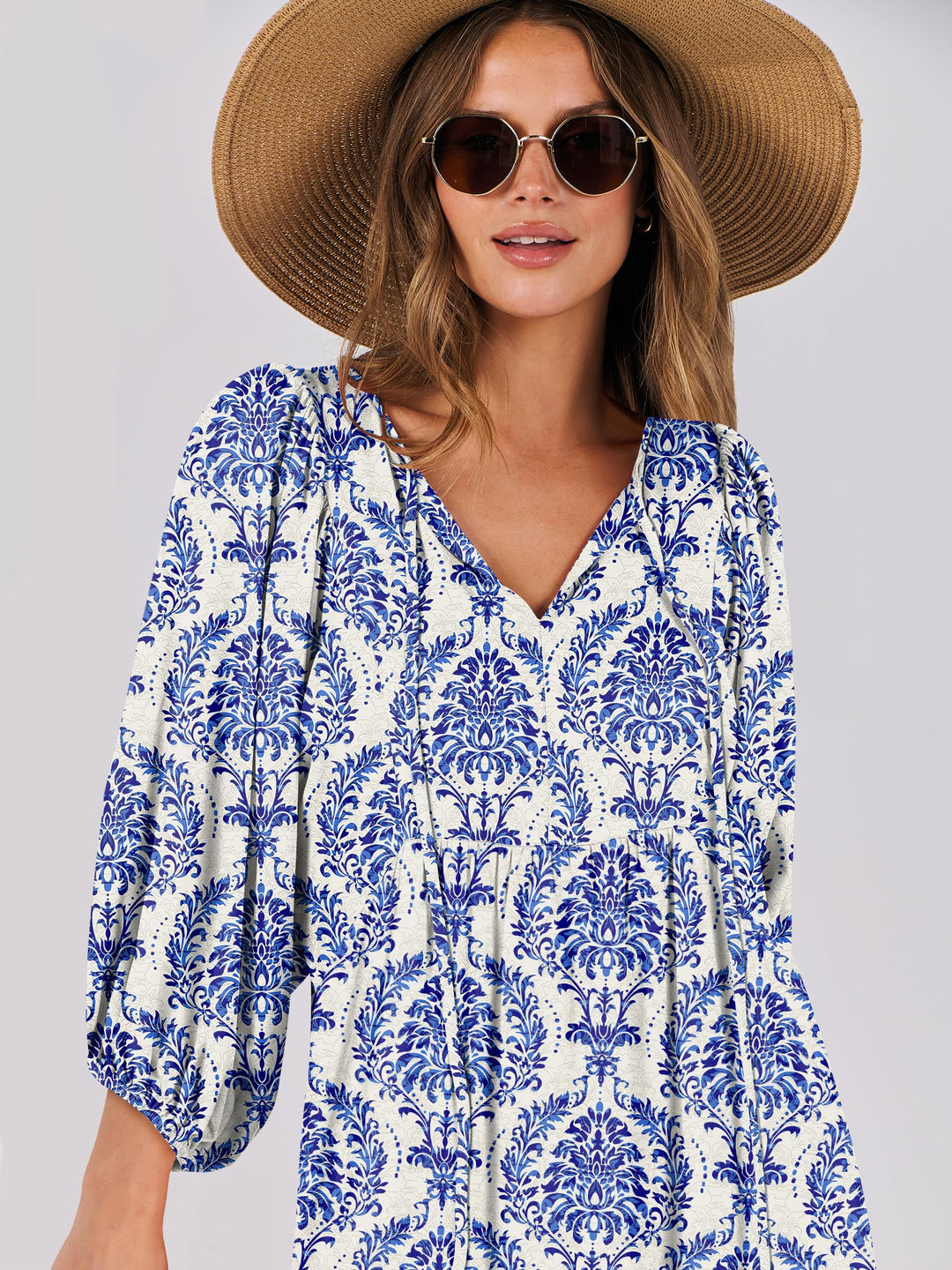 ANRABESS Womens Boho Maxi Dresses 2025 Summer V Neck Puff Sleeve Floral Flowy Swing Fall Casual Long Dress