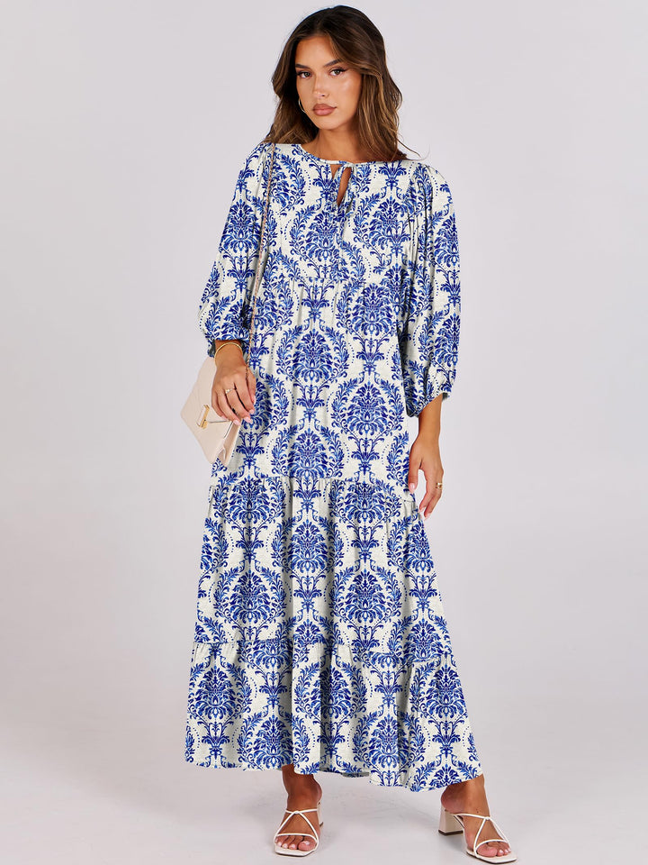 ANRABESS Womens Boho Maxi Dresses 2025 Summer V Neck Puff Sleeve Floral Flowy Swing Fall Casual Long Dress